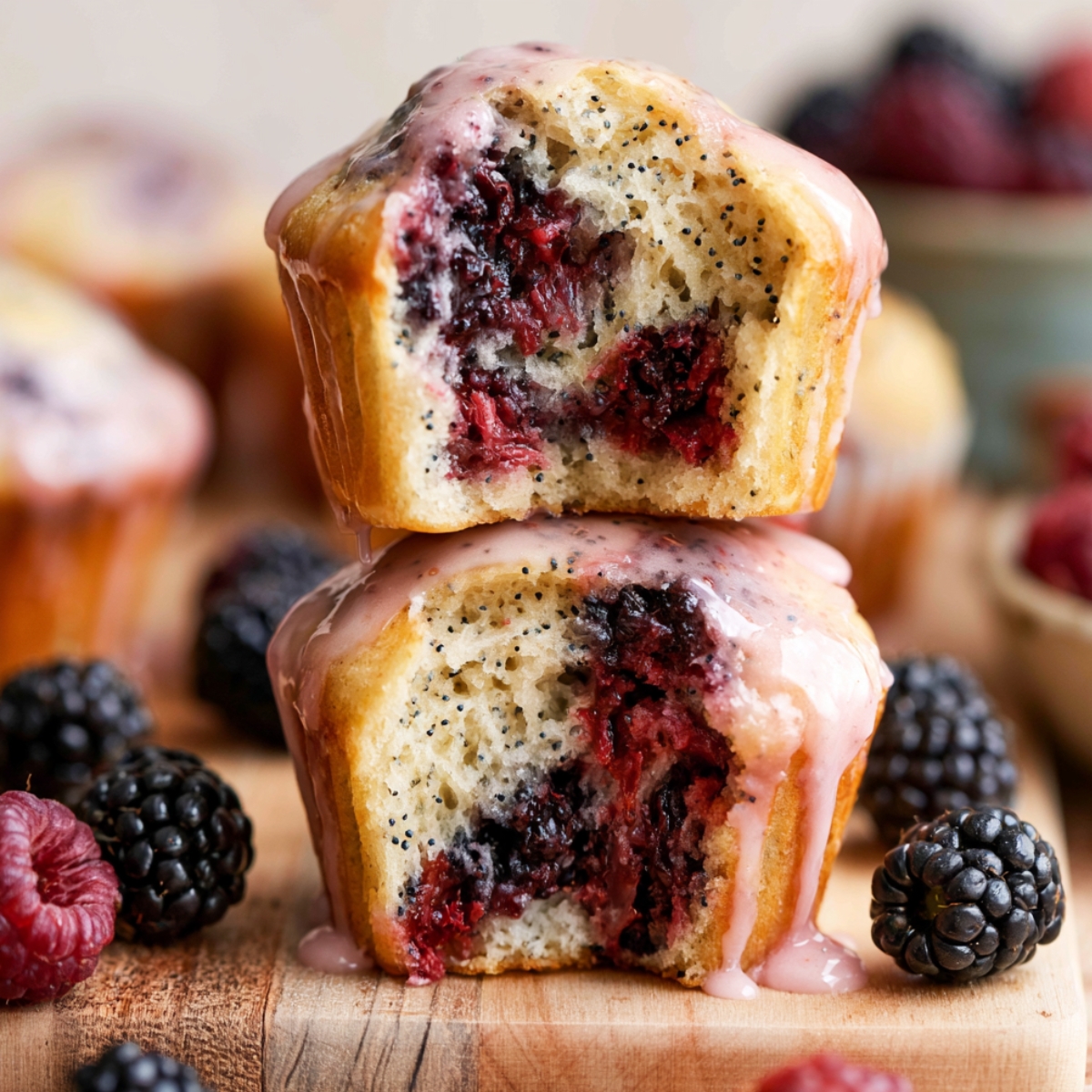 Stacked Blackberry Lemon Poppy Seed Muffins with pink lemon glaze and juicy berry-filled centers on a rustic wooden board.