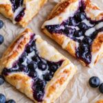 Freshly baked Blueberry Danish pastries with flaky puff pastry, cream cheese filling, homemade blueberry topping, and vanilla glaze on parchment paper.