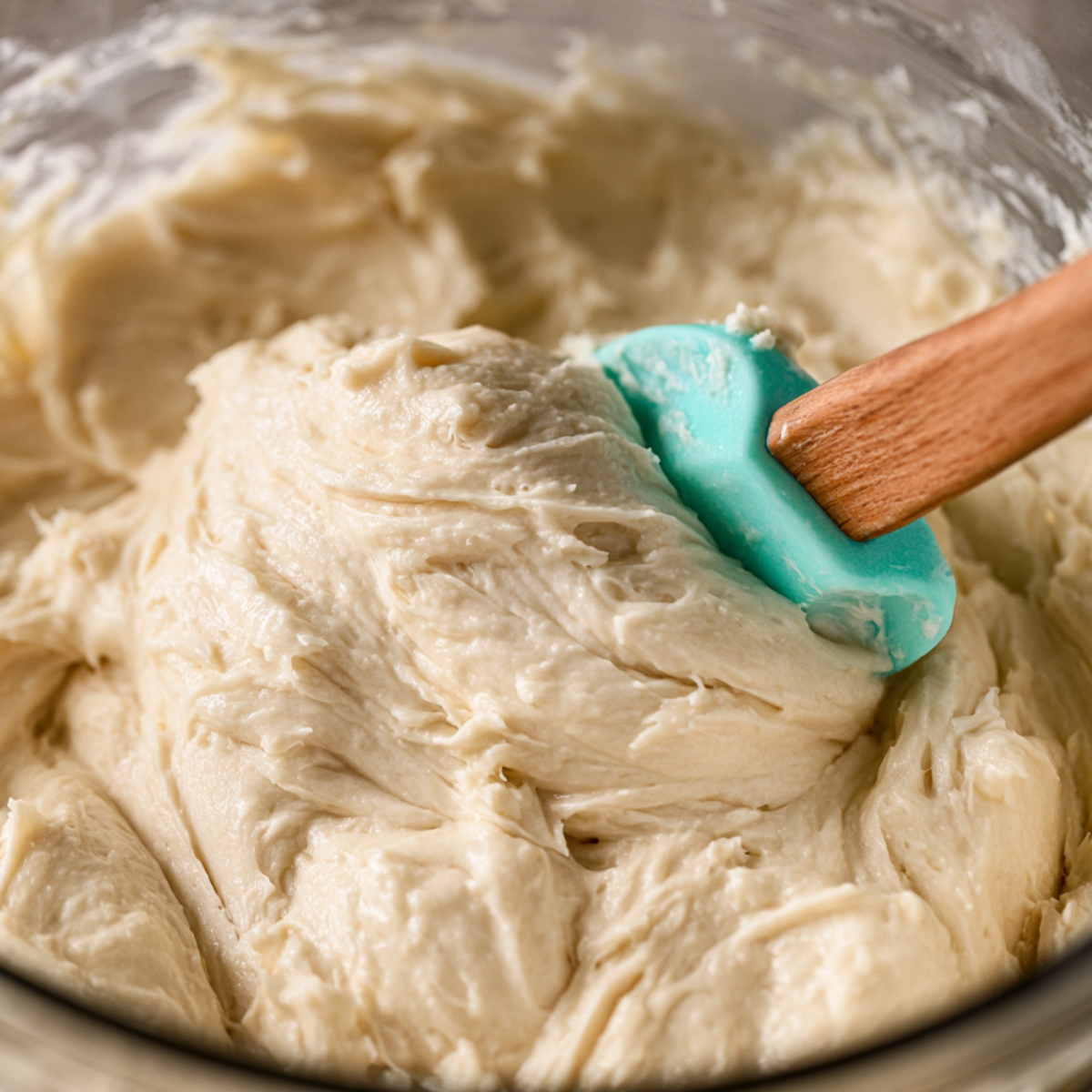Easy Berries and Cream Cake Recipe 10 Smooth white cake batter being gently folded with a silicone spatula in a large mixing bowl before baking a soft berries and cream cake.