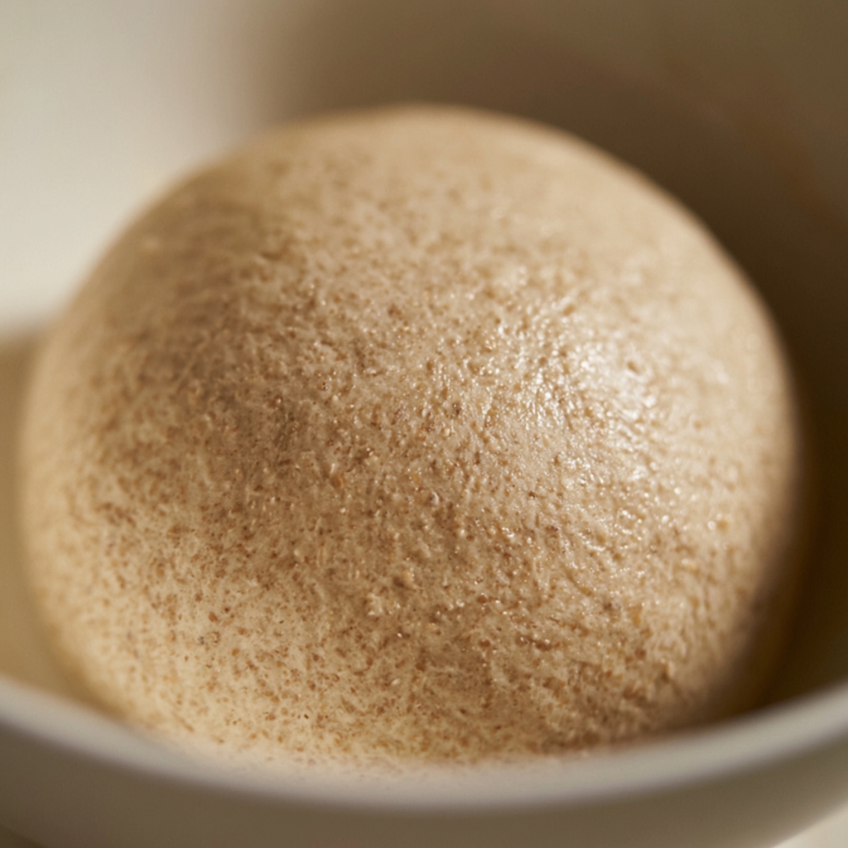 Homemade Ezekiel Bread Recipe 10 Freshly kneaded Ezekiel bread dough resting in a mixing bowl during the first rise, showing a smooth elastic surface with whole grain flecks.