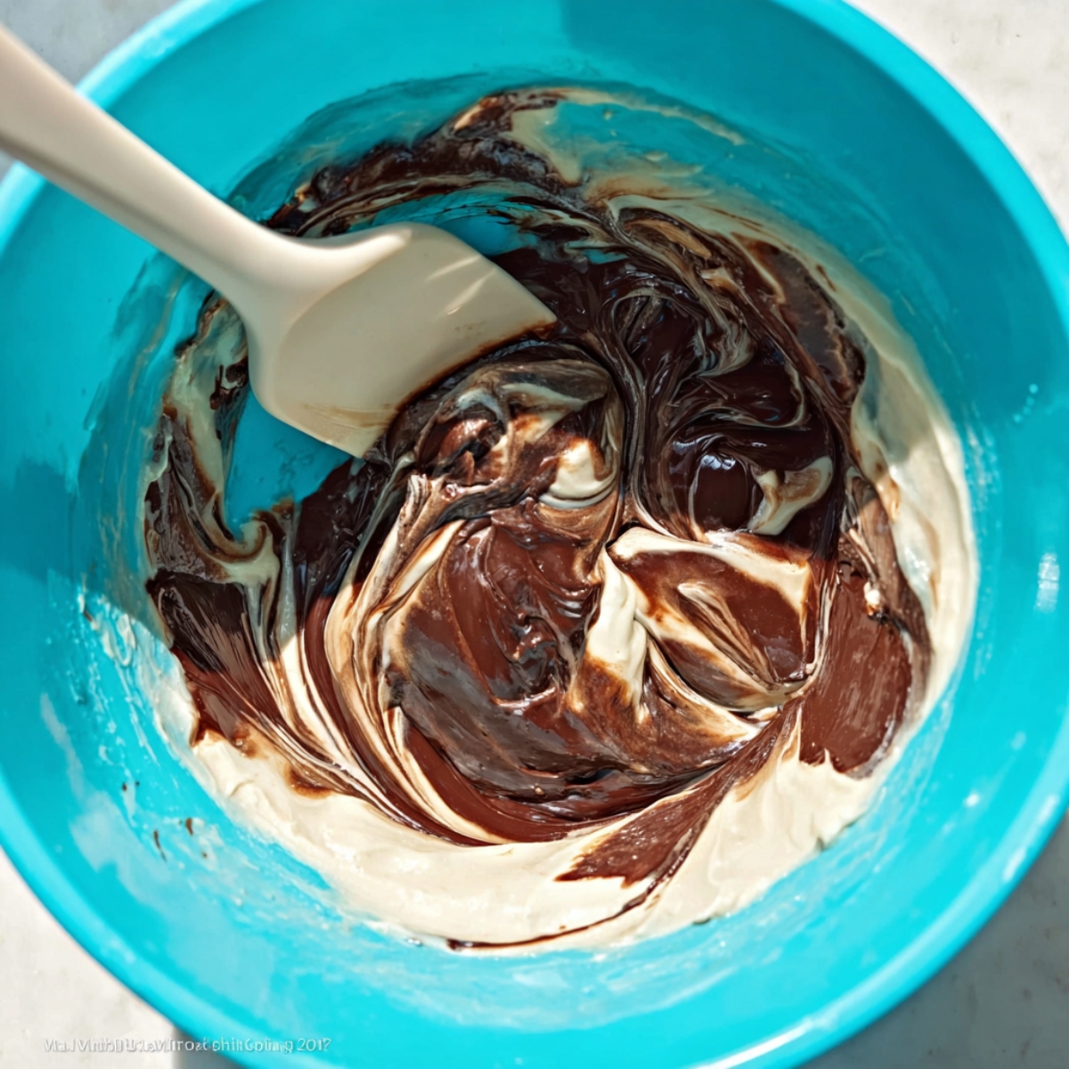 Best French Silk Brownies Recipe 11 Melted dark chocolate being folded into whipped French silk filling with a white spatula in a blue mixing bowl.