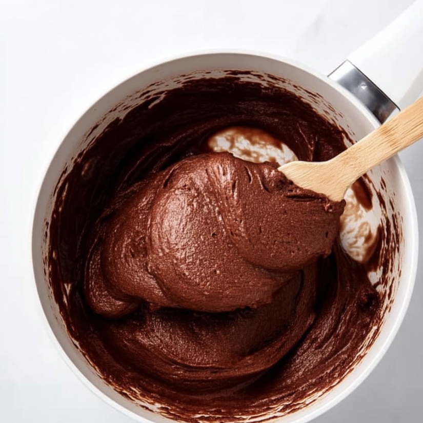 Best Mini Chocolate Éclairs Recipe 11 Thick chocolate choux pastry dough cooked in a saucepan and stirred with a wooden spatula until smooth and glossy.