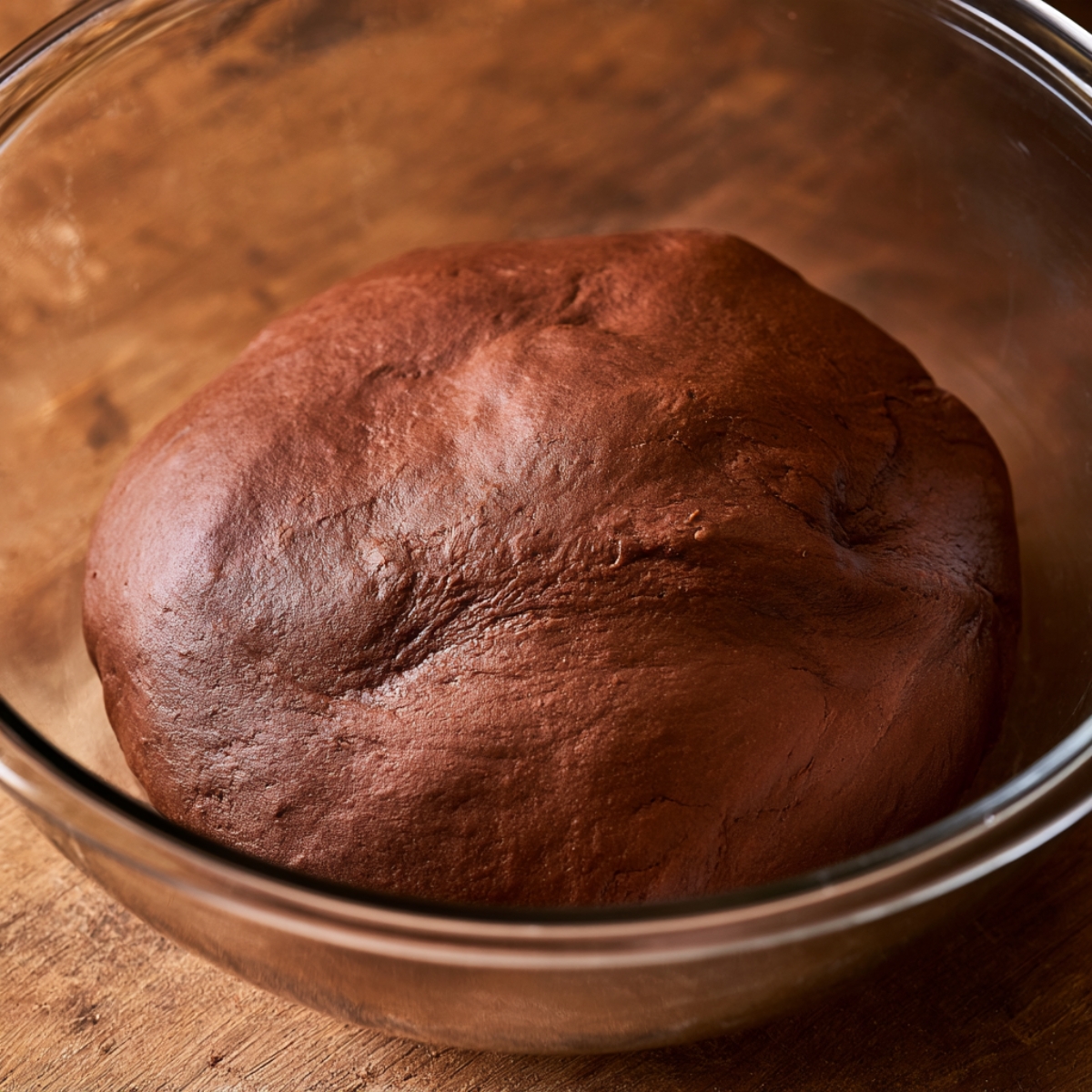 Chocolate Peanut Butter Rolls Recipe 10 Smooth chocolate sweet roll dough resting in a glass mixing bowl after rising, ready to be rolled and filled for chocolate peanut butter rolls.