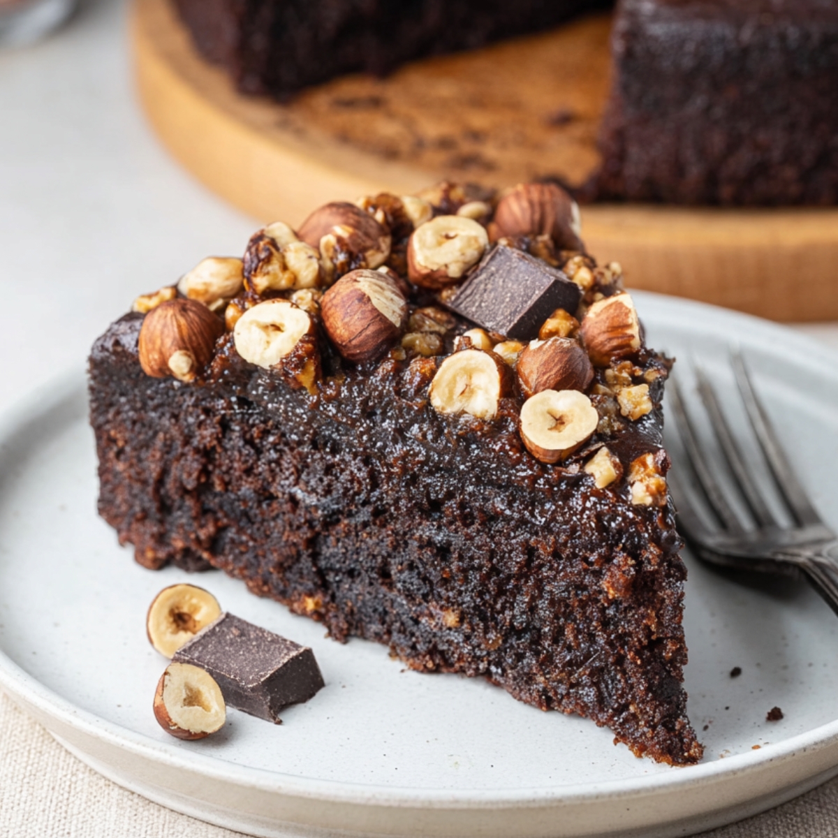 Slice of rich Chocolate Hazelnut Cake topped with roasted hazelnuts and dark chocolate chunks.