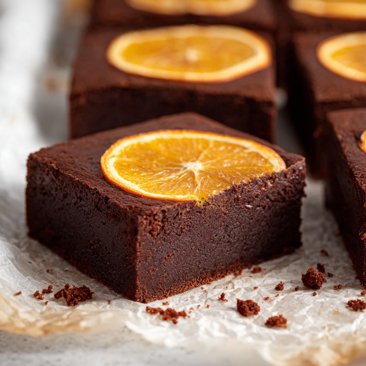 Close-up of fudgy Chocolate Orange Brownies cut into thick squares with baked orange slices on top, served on parchment paper.