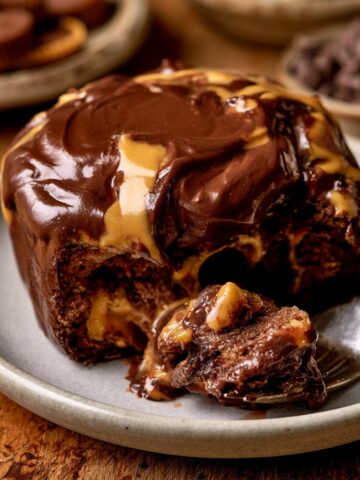 Chocolate Peanut Butter Rolls Recipe 1 Warm Chocolate Peanut Butter Rolls topped with glossy chocolate frosting and creamy peanut butter glaze, showing a soft, gooey center filled with peanut butter and chocolate.