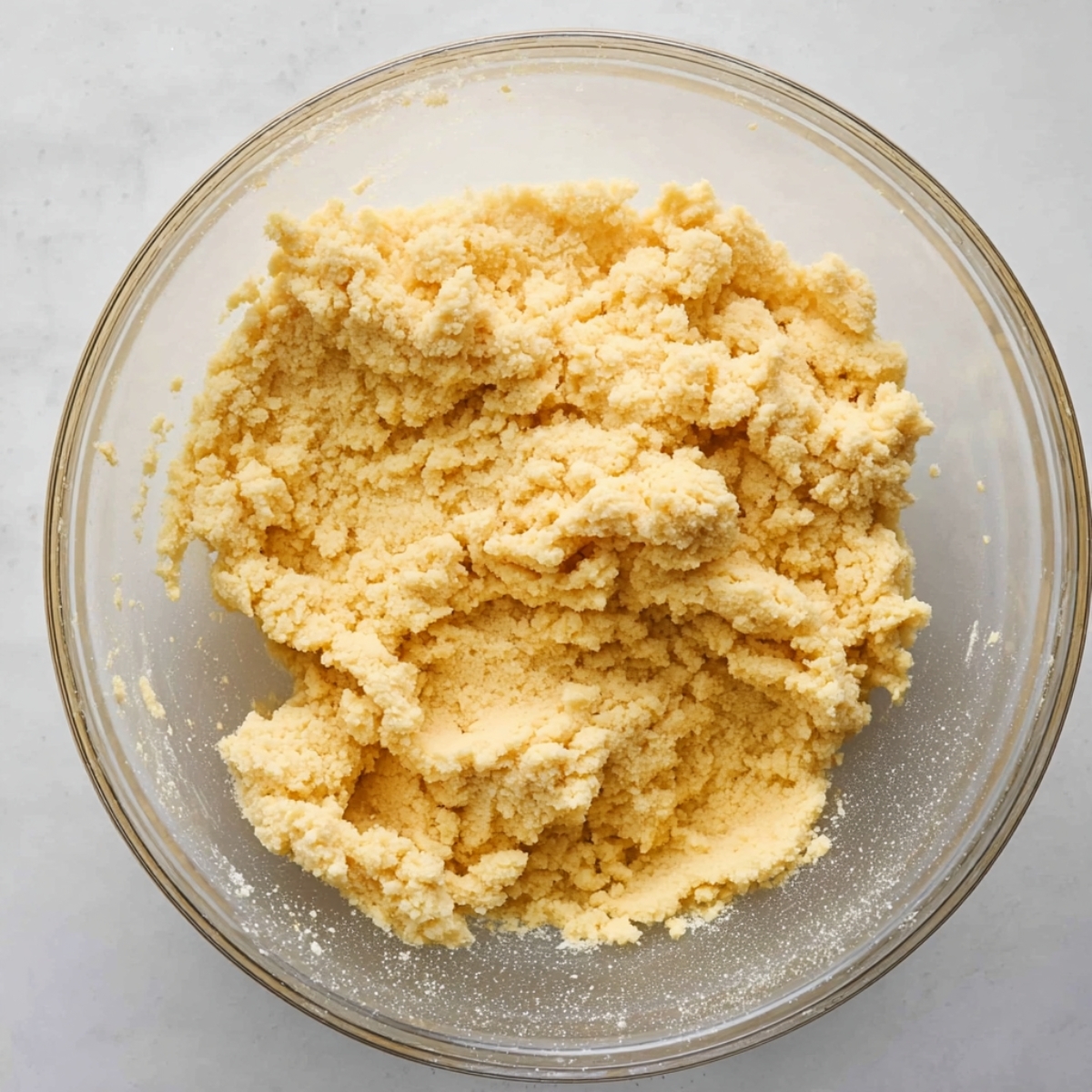 Easy Mango Mousse Cake Recipe 10 Homemade coconut sablé pastry dough in a glass mixing bowl, mixed to a soft crumbly texture for a tart crust.