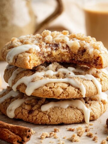 Easy Coffee Cake Cookies Recipe 2 Stack of homemade Coffee Cake Cookies topped with cinnamon streusel and vanilla glaze, with one cookie broken open to reveal the soft center.