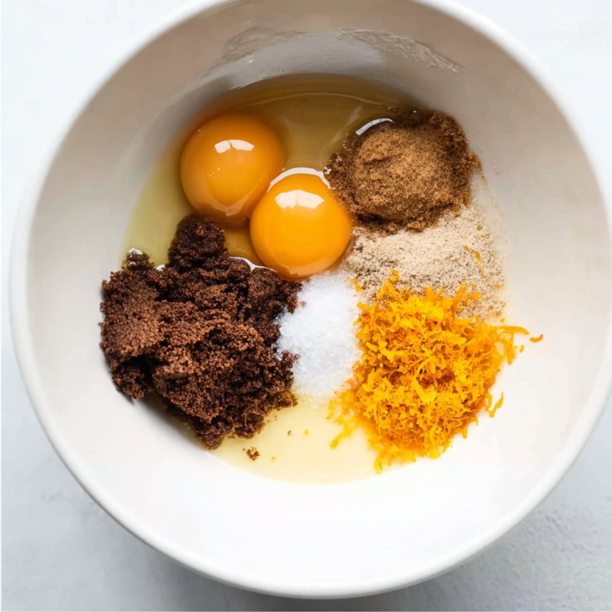 Best Chocolate Orange Brownies Recipe 10 Eggs, brown sugar, orange zest, vanilla, and sugar measured in a white mixing bowl before making chocolate orange brownie batter.