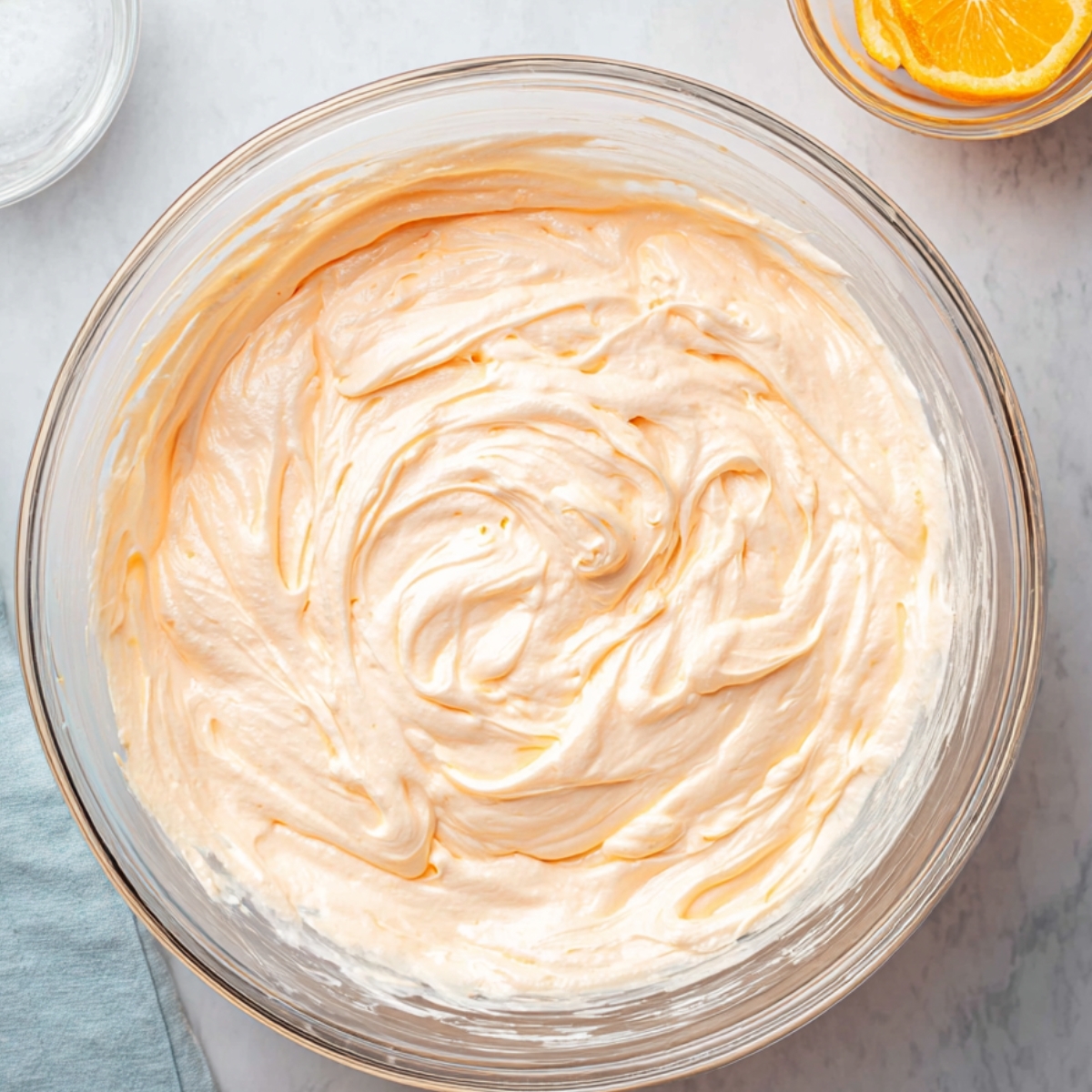 No Bake Jello Creamsicle Pie Recipe 11 Creamy Orange Creamsicle pie filling mixed in a glass bowl until smooth and fluffy, ready to pour into the pie crust.