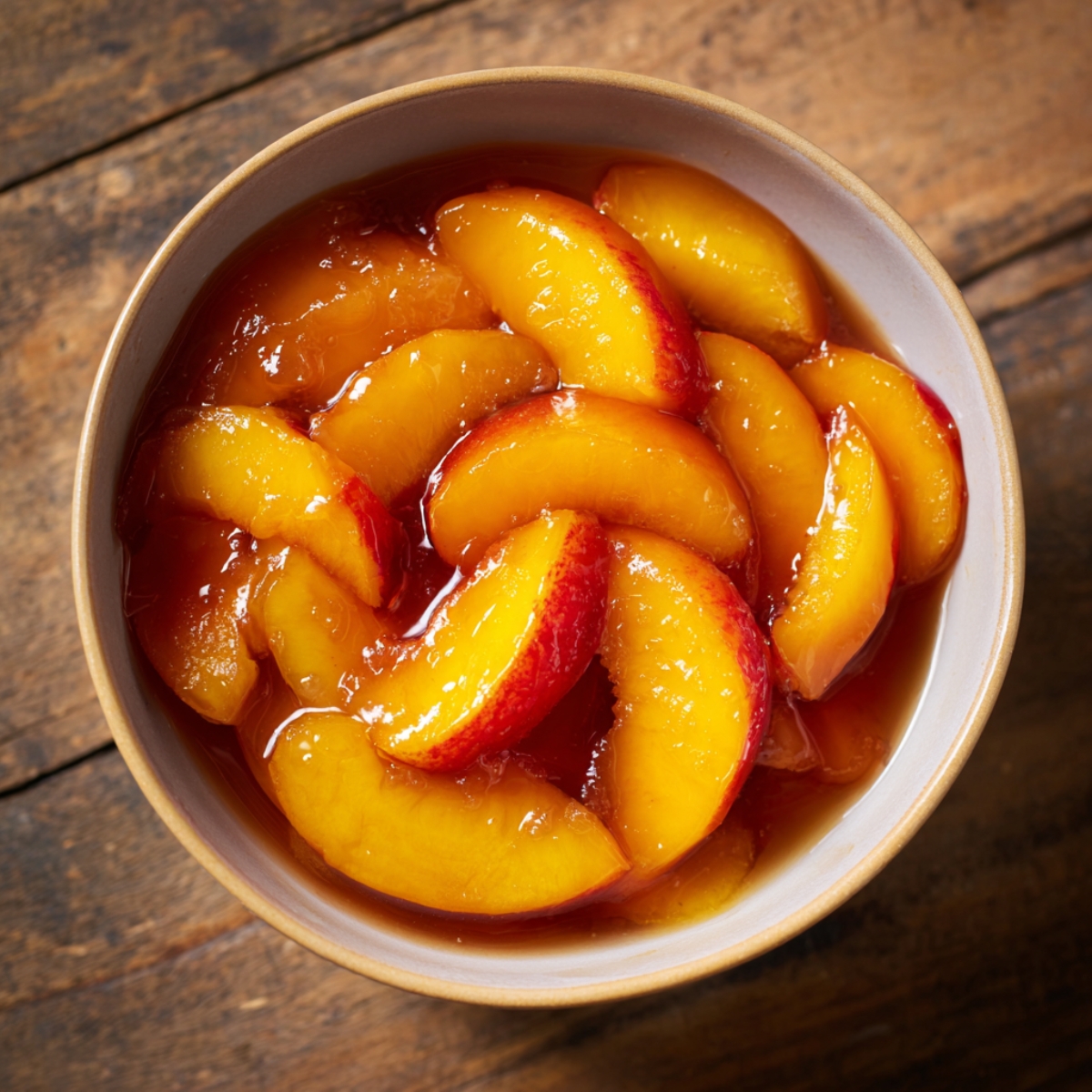 Best Peaches and Cream Cake Recipe 11 Homemade peach topping with juicy sliced peaches simmered in a glossy syrup in a ceramic bowl on a rustic wooden table.