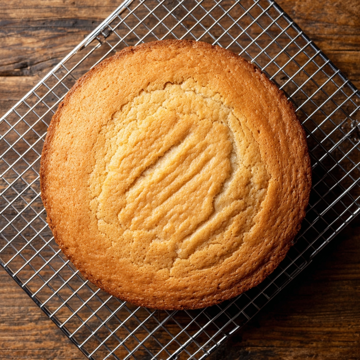 Best Peaches and Cream Cake Recipe 10 Freshly baked vanilla cake cooling on a wire rack with a golden top, ready for peaches and cream cake assembly.