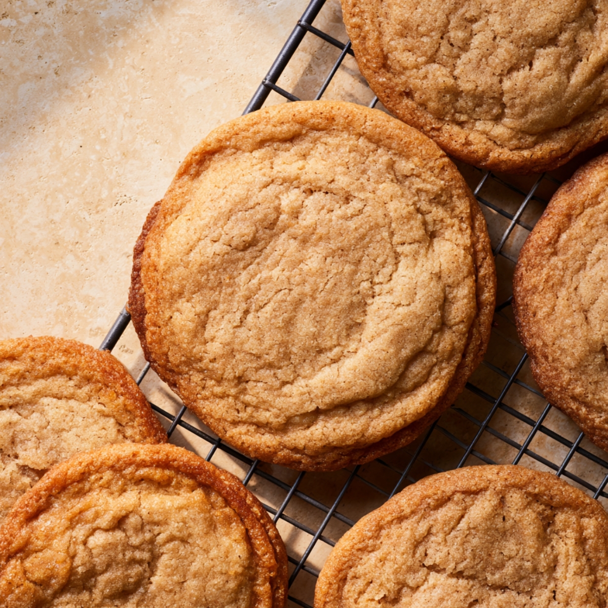 Easy Apple Cider Cookies Recipe 11 Freshly baked apple cider cookies cooling on a black wire rack with golden-brown edges and soft chewy centers.