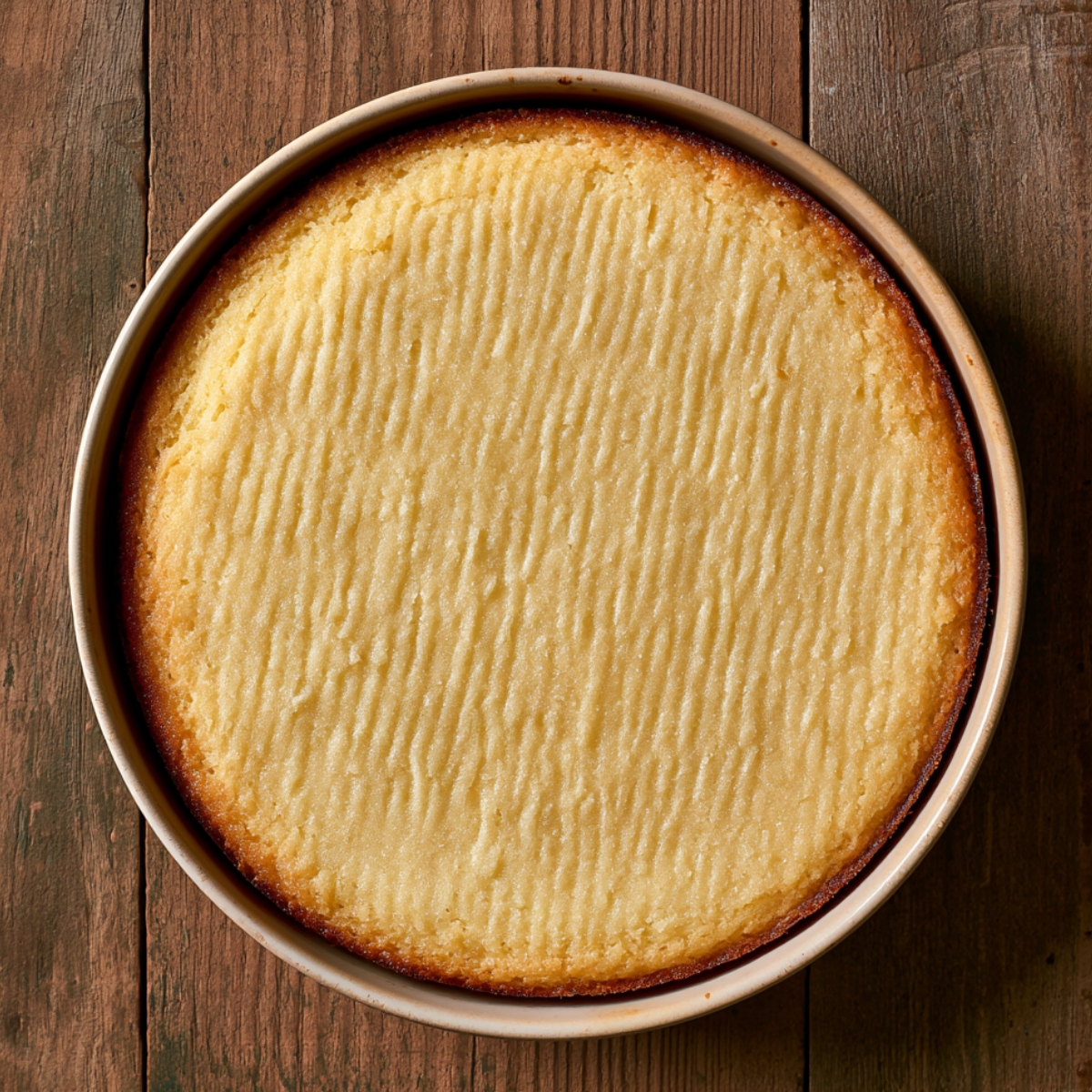 Lemon Blueberry Mousse Cake 11 Freshly baked vanilla cake layer cooling in a round cake pan on a rustic wooden table, featuring a soft golden crumb and lightly textured surface.