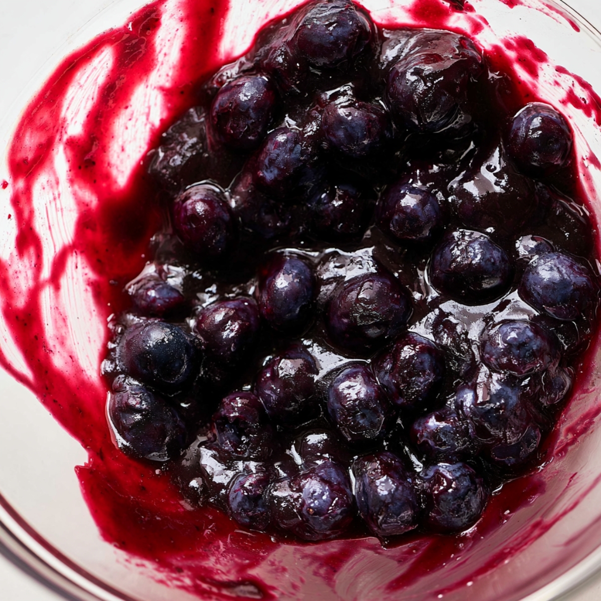 The Best Blueberry Danish Recipe 10 Homemade blueberry compote cooling in a glass bowl with whole blueberries in a thick, glossy purple sauce for blueberry Danish filling.