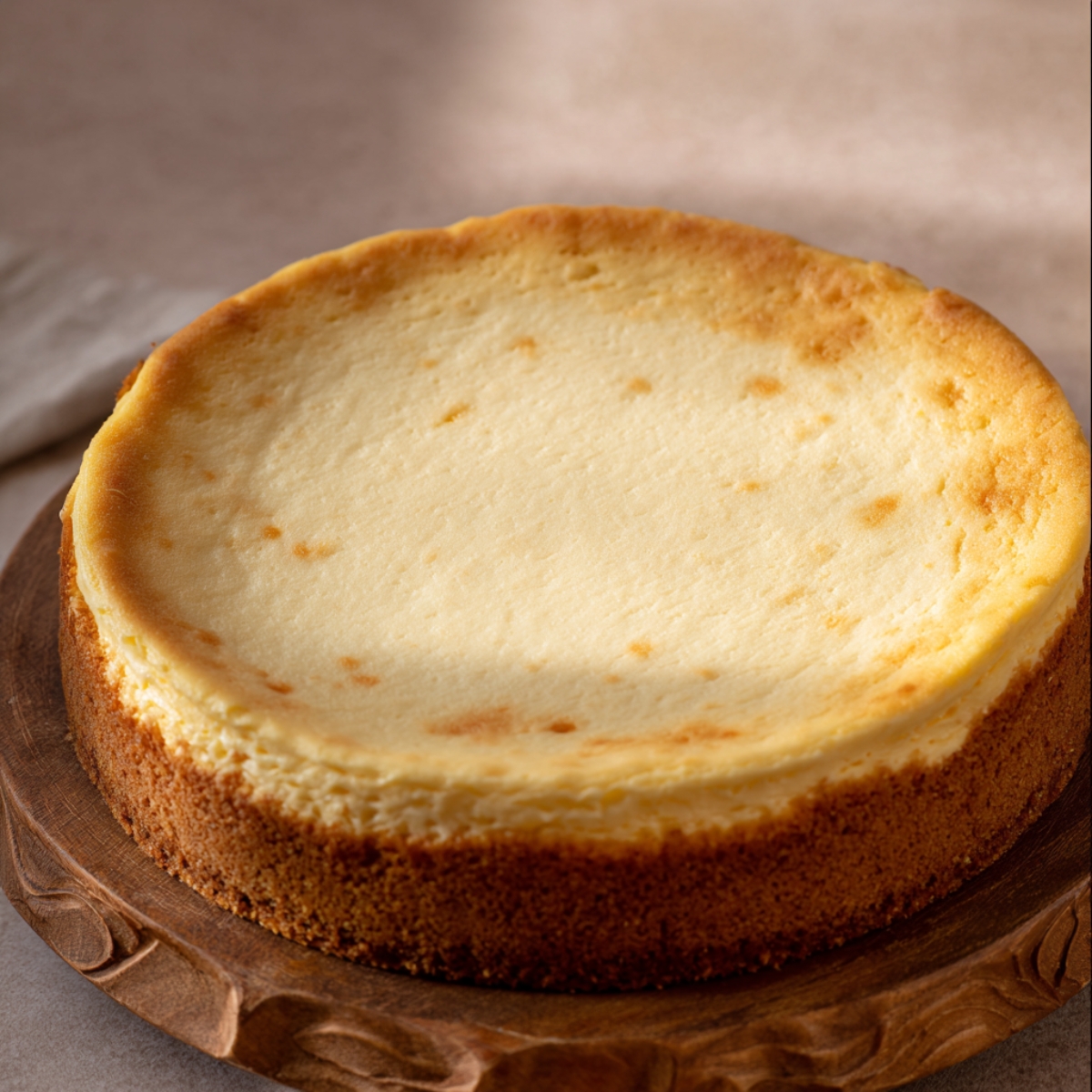 Easy Vanilla Bean Cheesecake Recipe 10 Baked vanilla bean cheesecake cooling in a springform pan with a golden graham cracker crust and lightly browned top.
