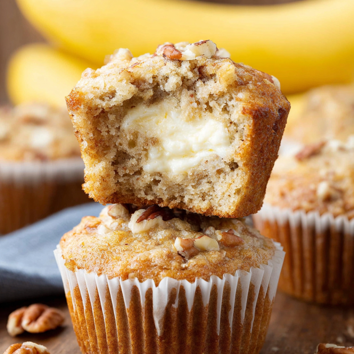 Easy Cream Cheese Banana Muffins 9 Cream cheese banana muffins with a creamy cheesecake center and crunchy pecan topping, one muffin cut open to reveal the filling.