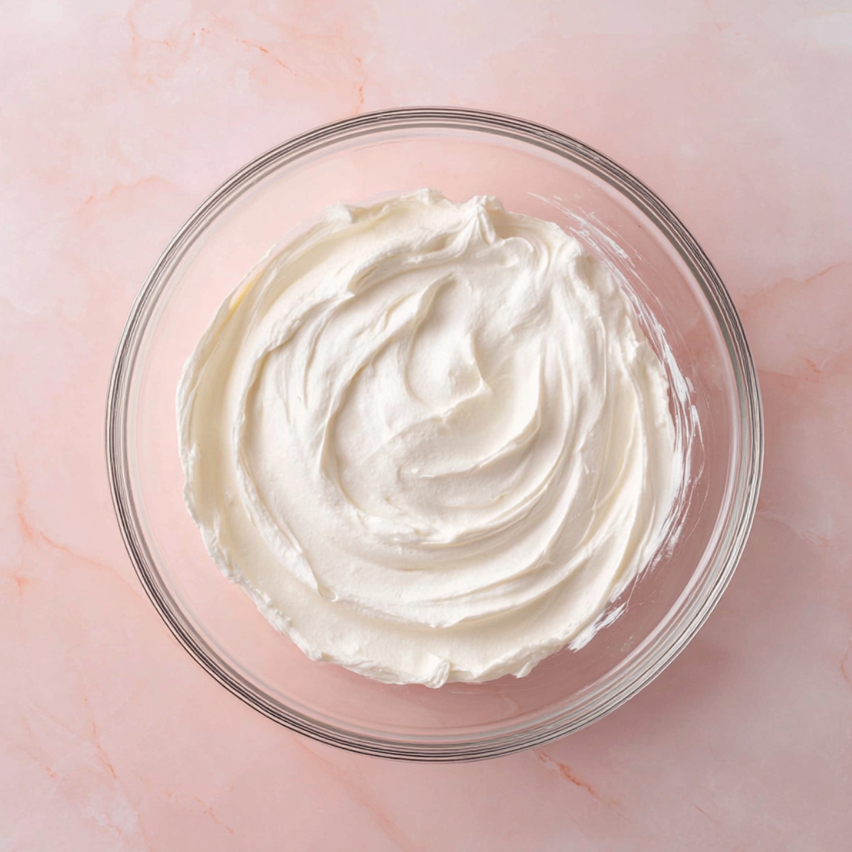 Best Victoria Sponge Cake Recipe 10 Freshly whipped vanilla cream with smooth peaks in a clear glass mixing bowl on a pastel pink marble countertop.