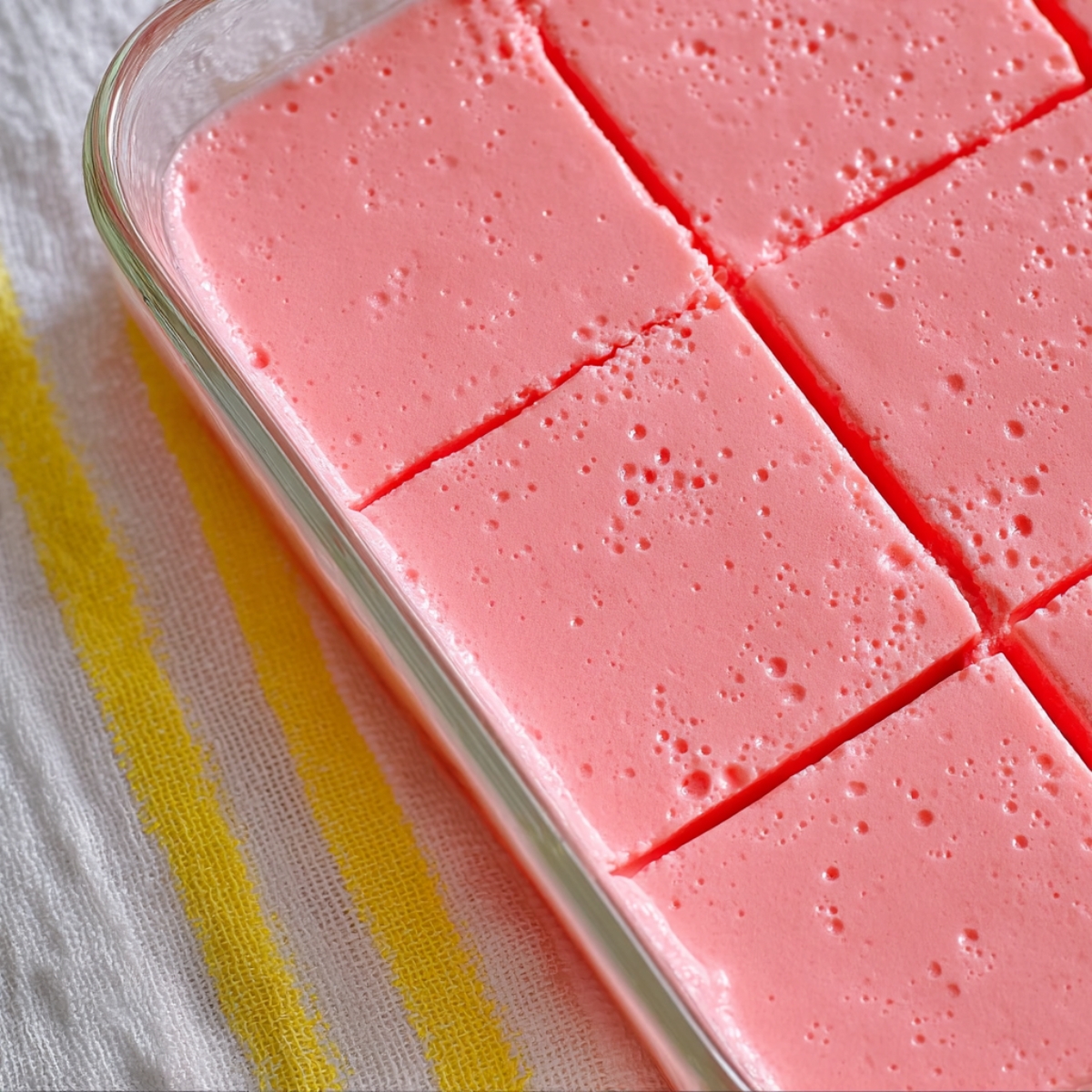 Easy Mexican Milk Jello Recipe 11 Mexican Milk Jello cut into smooth pink squares in a glass baking dish, ready to serve.