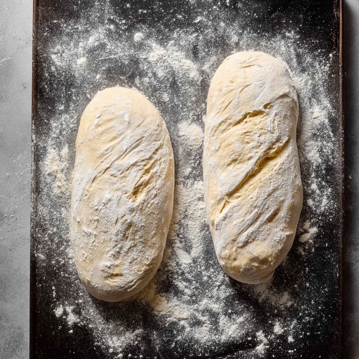 Homemade Artisan Bread Recipe 11 Divide and shape artisan bread dough into two rustic loaves on a floured baking tray before the final proof.