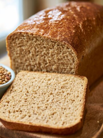 Homemade Ezekiel Bread Recipe 2 Homemade Ezekiel bread loaf sliced on a wooden cutting board with a bowl of mixed ancient grains, featuring a soft whole grain crumb and golden brown crust.