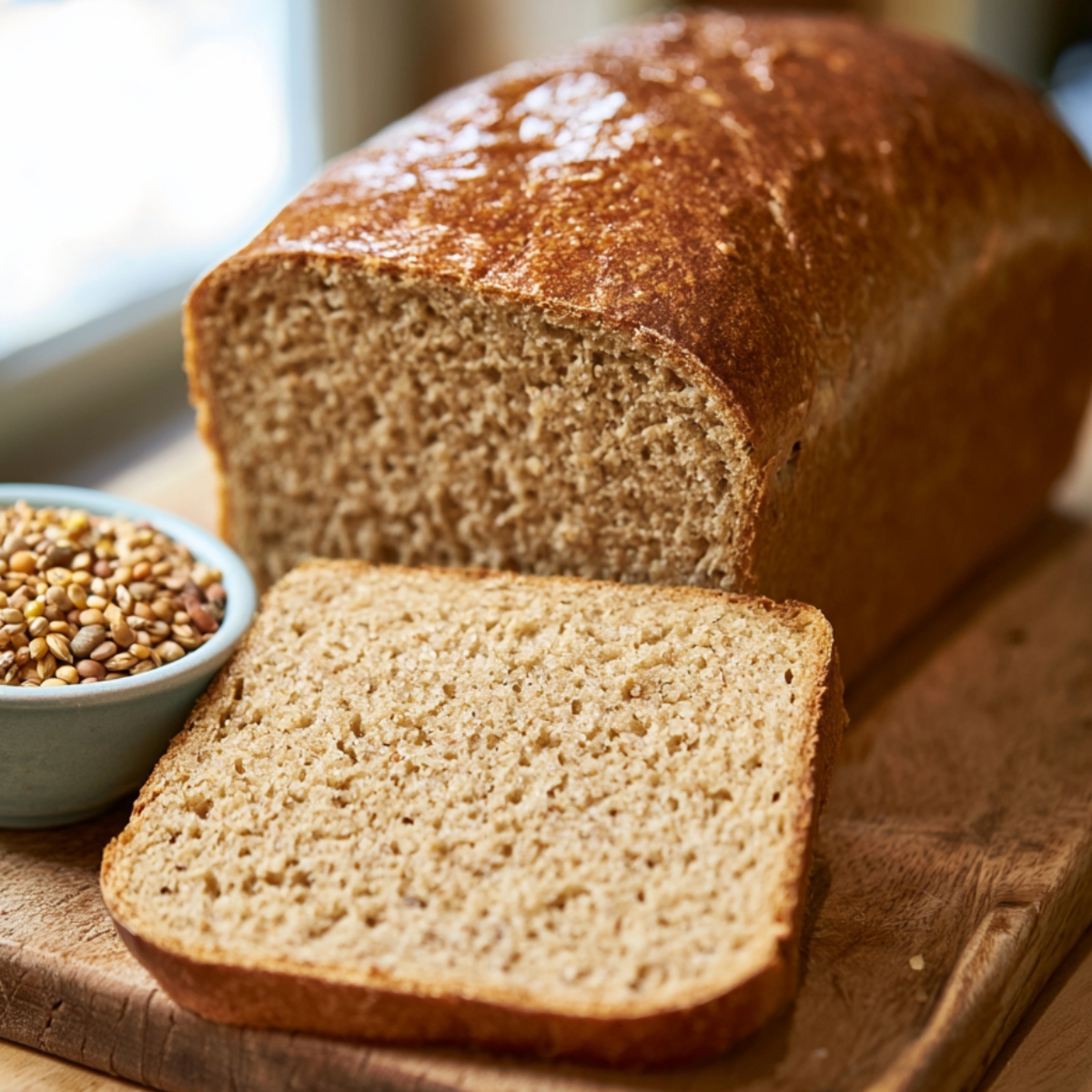 Homemade Ezekiel bread loaf sliced on a wooden cutting board with a bowl of mixed ancient grains, featuring a soft whole grain crumb and golden brown crust.