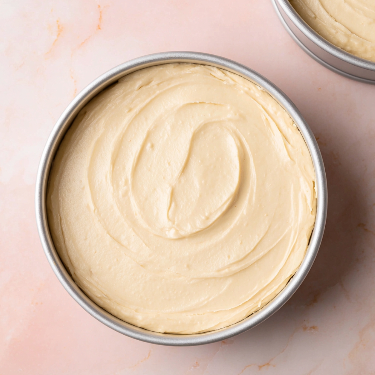 Best Victoria Sponge Cake Recipe 11 Victoria sponge cake batter evenly spread in two round cake pans, ready for baking on a soft pink marble surface.