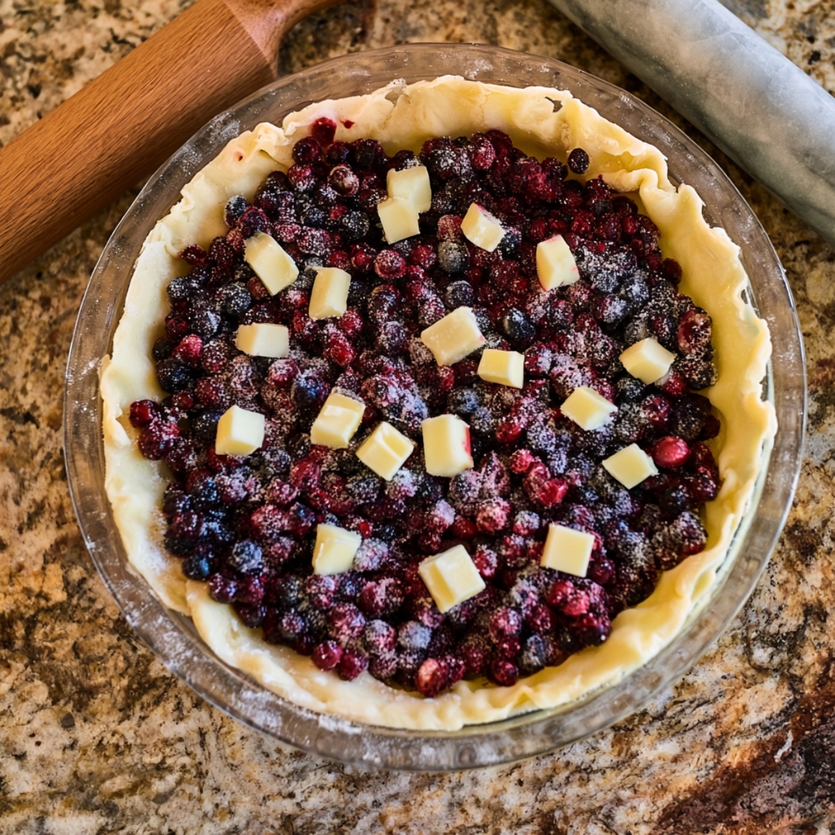 Easy Huckleberry Pie Recipe 11 Overhead view of a homemade huckleberry pie filled with sugared wild huckleberries and topped with cubes of butter in a glass pie dish.