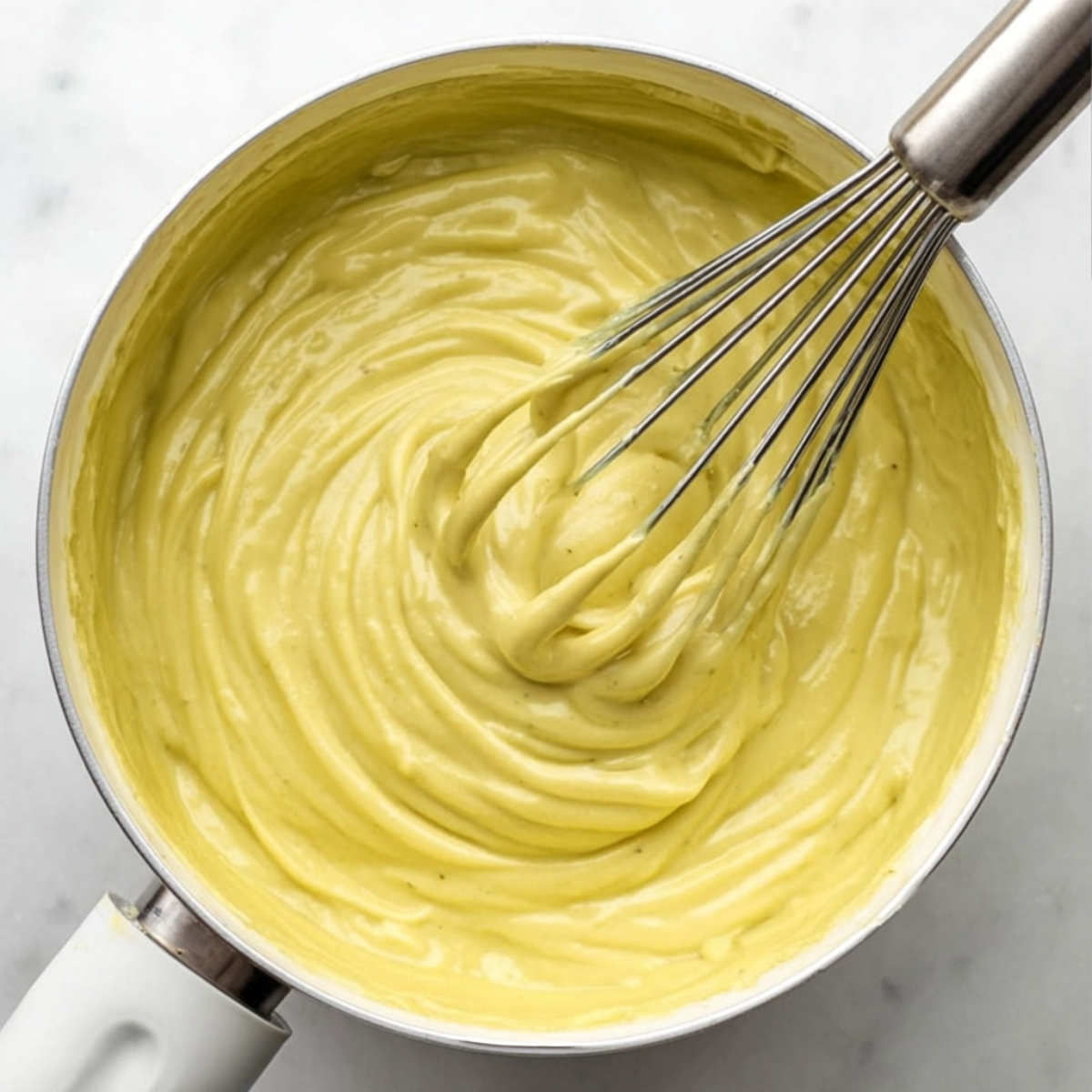 Easy Pistachio Tart Recipe 11 Creamy homemade pistachio pastry cream being whisked in a saucepan until smooth, glossy, and thick.