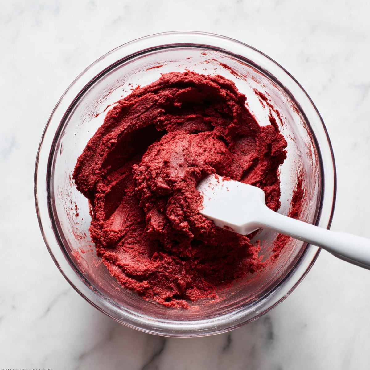 White Chocolate Red Velvet Cookies Recipe 10 Thick homemade red velvet cookie dough in a glass mixing bowl with a white silicone spatula.