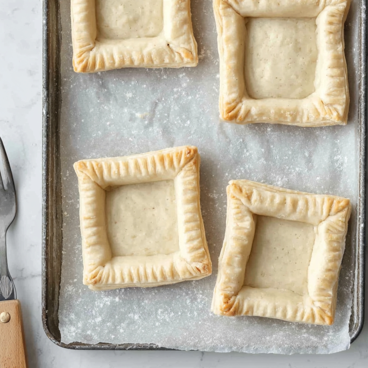 Easy Puff Pastry Apple Tartlets Recipe 10 Partially baked puff pastry tartlet shells on a parchment-lined baking sheet, ready to be filled with applesauce and apples.