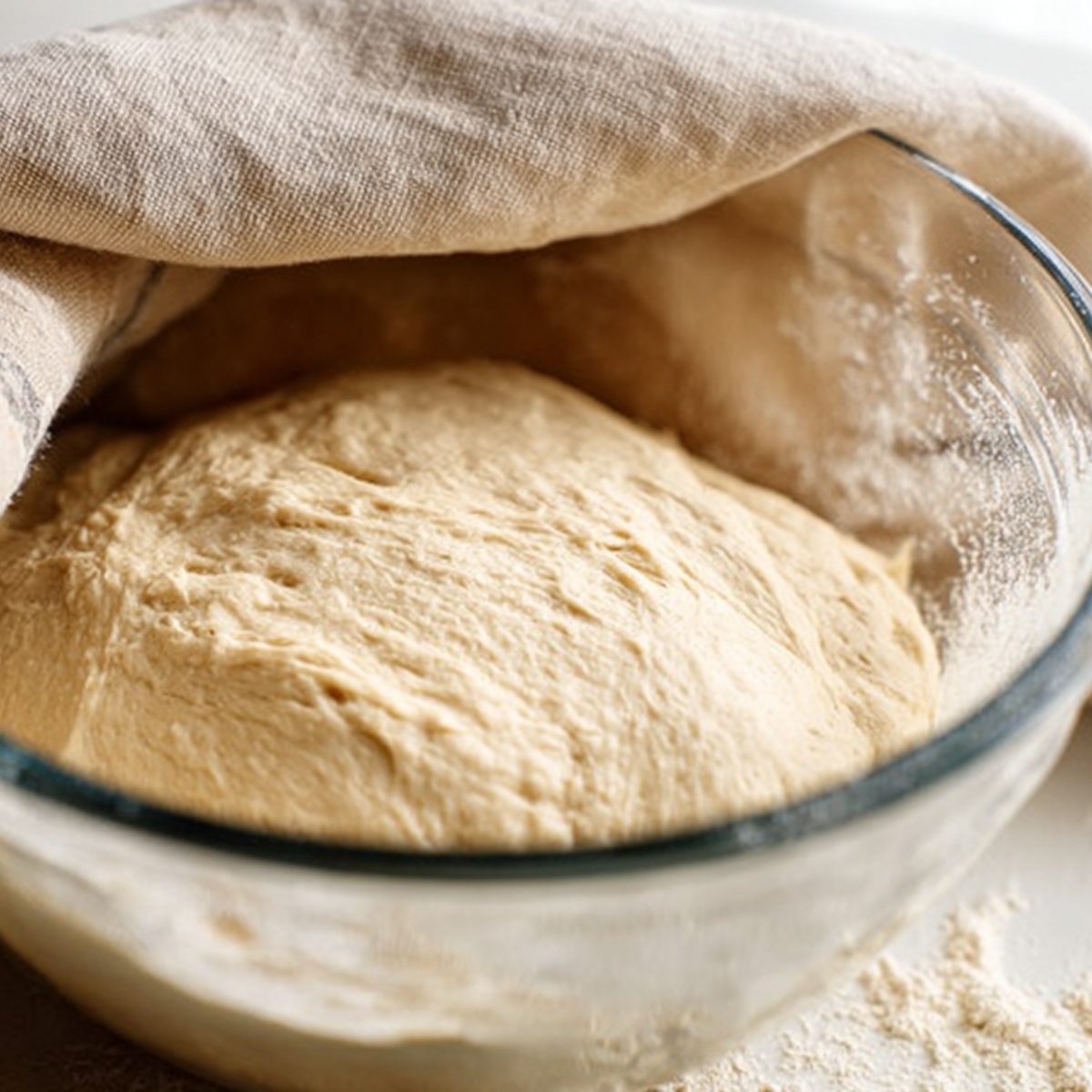 Homemade Italian Bread Recipe 10 Italian bread dough rising in a glass bowl covered with a linen towel during the first proof.