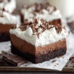 French Silk Brownies topped with fluffy whipped cream and chocolate curls over a fudgy brownie base.
