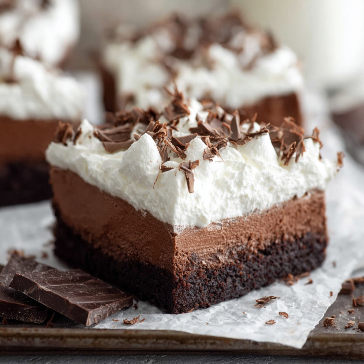 French Silk Brownies topped with fluffy whipped cream and chocolate curls over a fudgy brownie base.