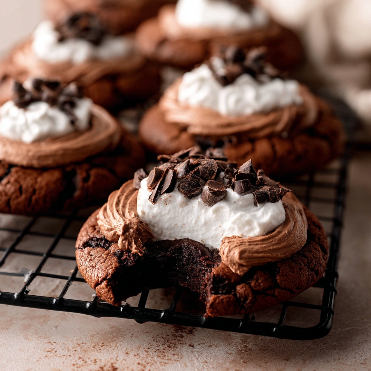 Easy French Silk Pie Cookies Recipe 9 Homemade French Silk Pie Cookies topped with chocolate mousse, whipped cream, and chocolate curls on a cooling rack, with one cookie showing a fudgy bite.