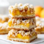 Stack of homemade Fresh Peach Crumb Bars with buttery shortbread crust, juicy peach filling, crumb topping, and vanilla glaze.