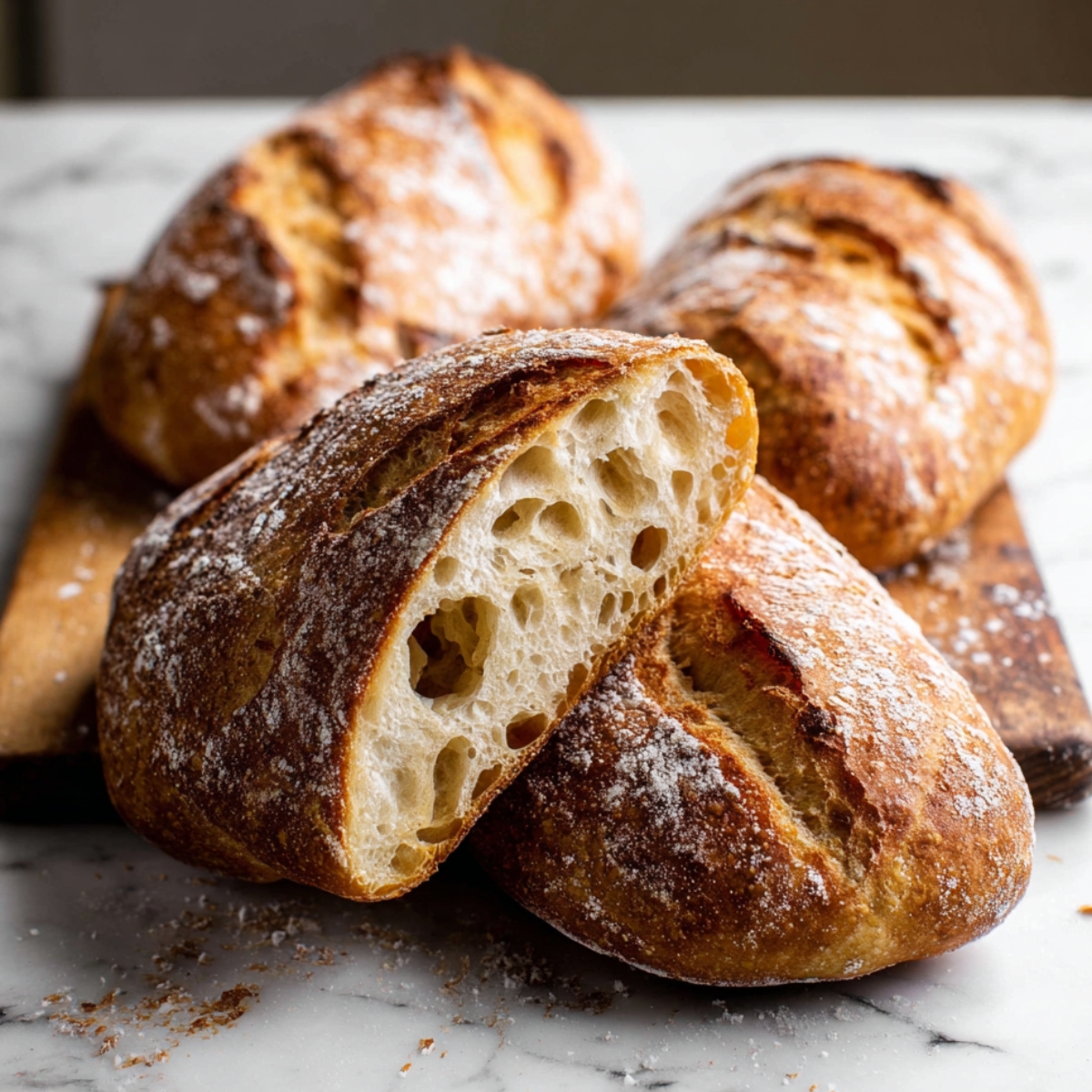 Homemade Artisan Bread Recipe 9 Homemade artisan bread with a crispy golden crust and soft airy crumb, sliced to reveal an open texture.