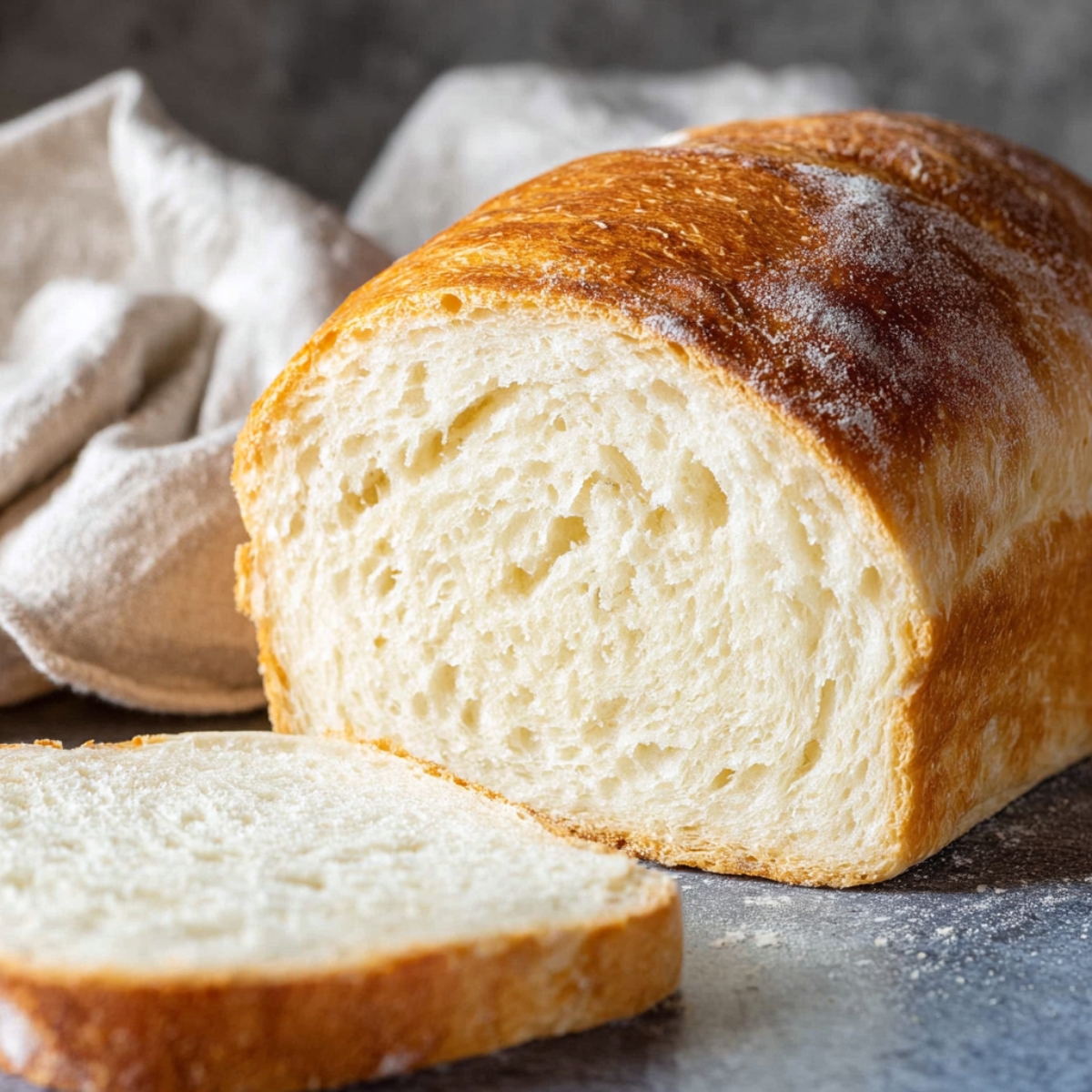 Freshly baked homemade Italian Bread loaf with a golden crust and soft fluffy crumb, served with a sliced piece.