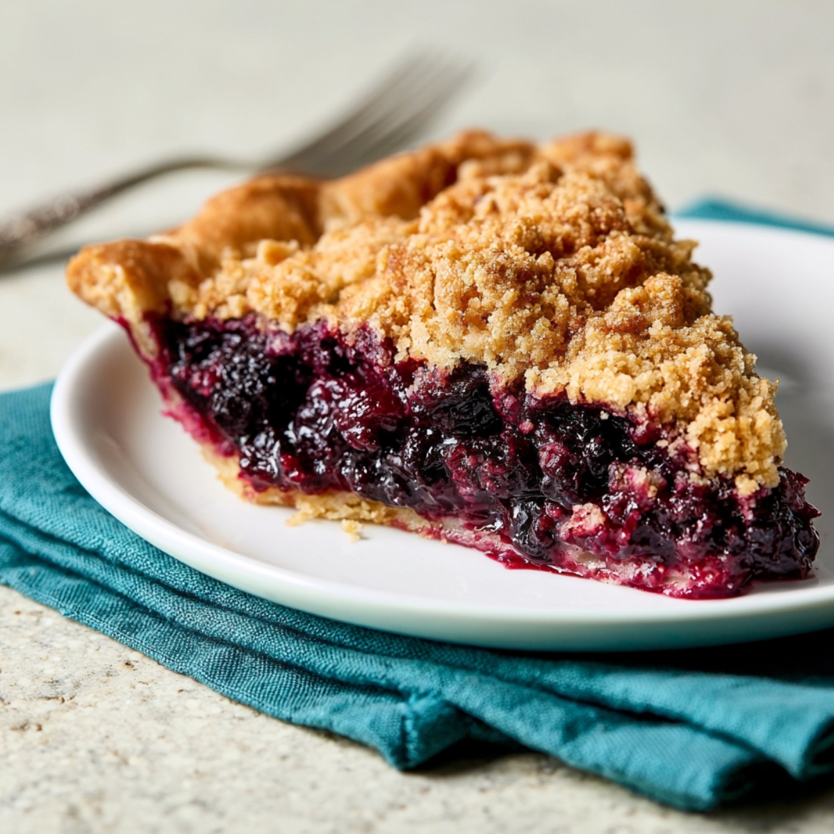 Easy Huckleberry Pie Recipe 9 Slice of huckleberry pie with a buttery crumb topping and juicy berry filling served on a white plate with a teal napkin.