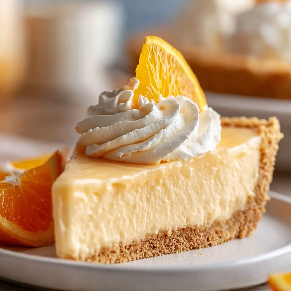 No Bake Jello Creamsicle Pie Recipe 9 Slice of creamy no-bake Jello Creamsicle Pie topped with whipped cream and a fresh orange slice on a graham cracker crust.