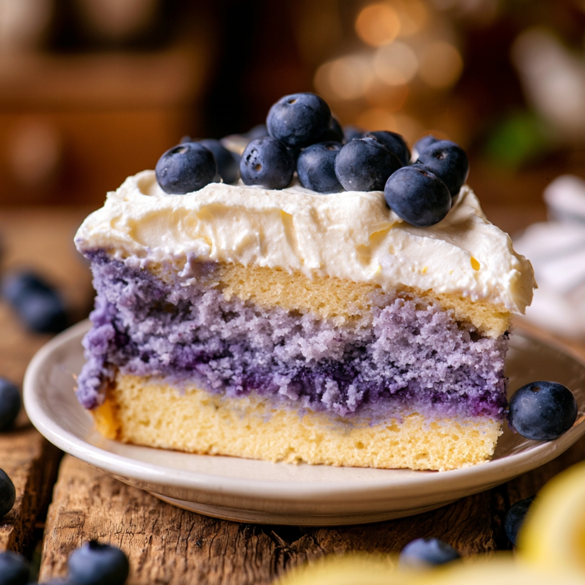 Slice of Lemon Blueberry Mousse Cake with fluffy whipped cream frosting and fresh blueberries, showcasing vibrant blueberry layers on a rustic wooden table.