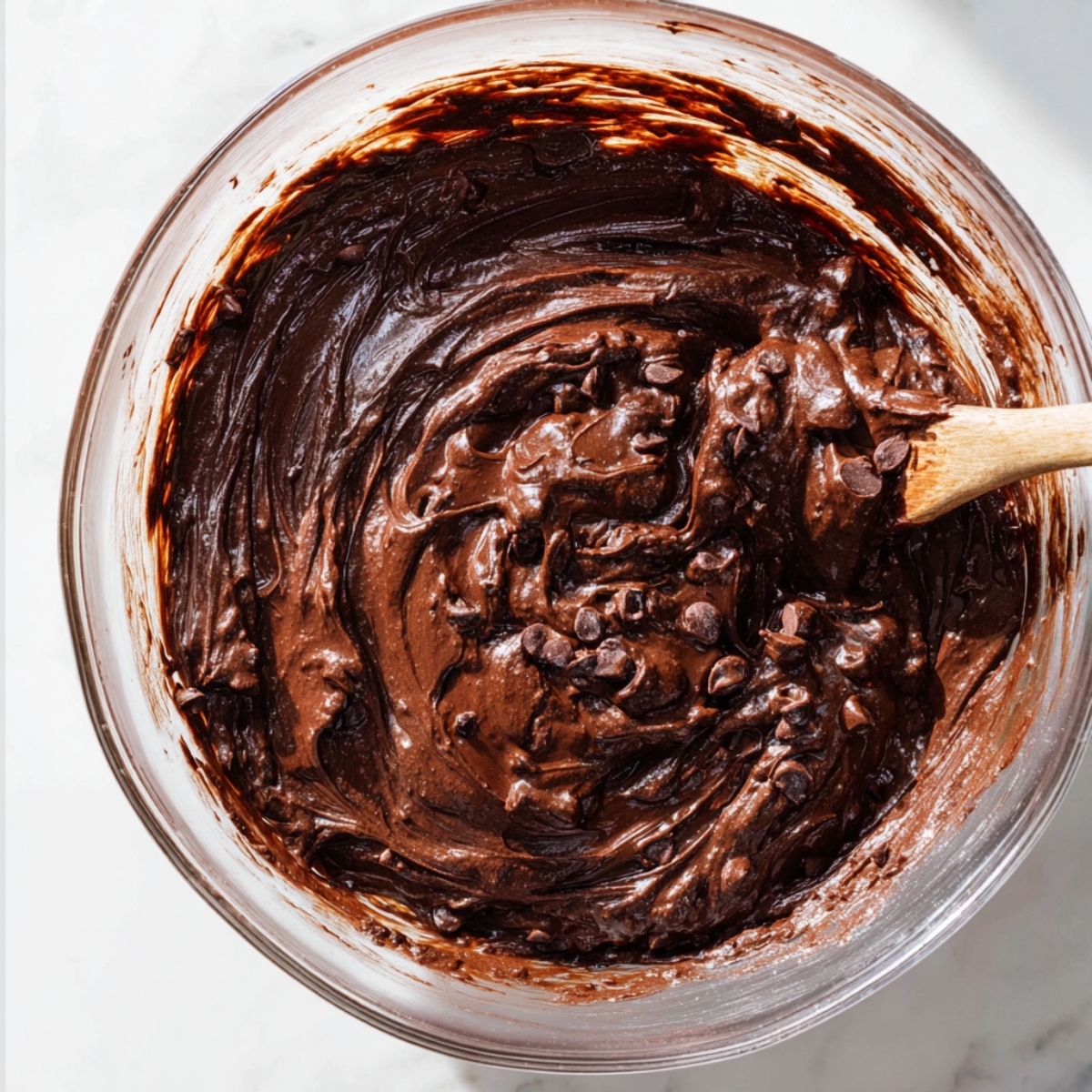 Easy Monster Cookie Brownies Recipe 11 Thick, fudgy chocolate brownie batter with chocolate chips in a glass mixing bowl, ready for baking monster cookie brownies.