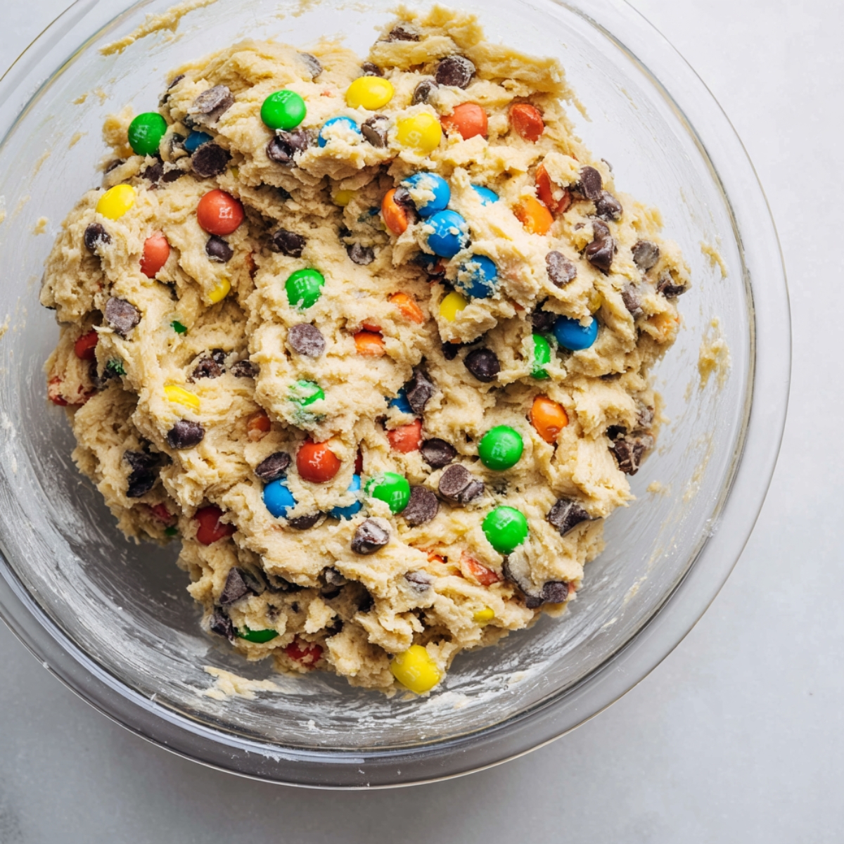 Easy Monster Cookie Brownies Recipe 10 Monster cookie dough loaded with colorful M&M's and mini chocolate chips in a glass bowl before layering over brownie batter.