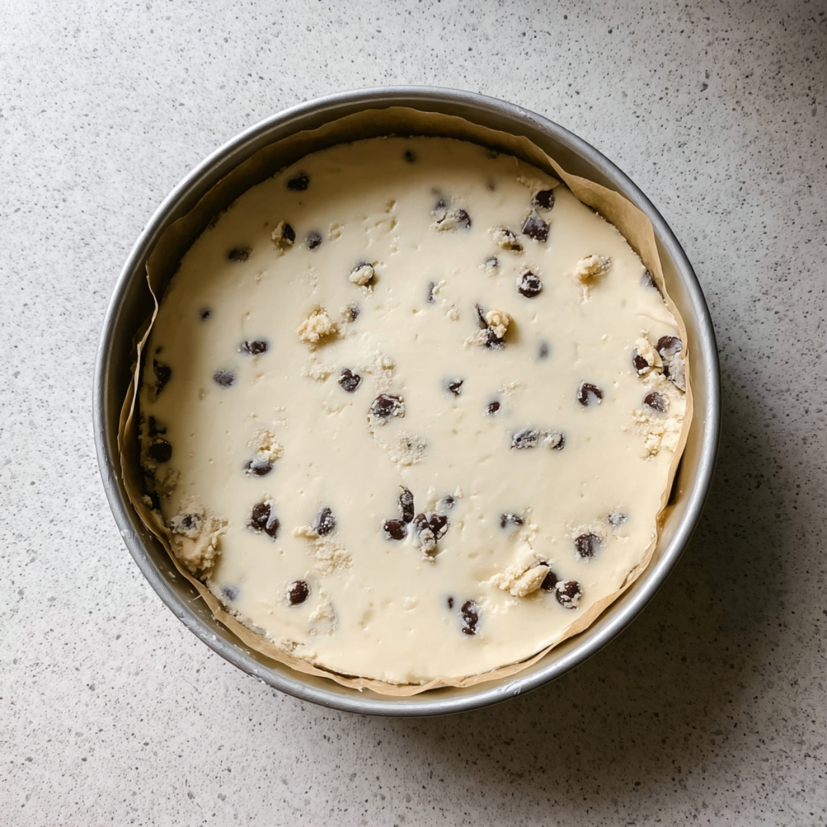 Easy Cookie Dough Cheesecake Recipe 11 Cookie dough cheesecake filling with chocolate chips spread in a parchment-lined springform pan before baking.