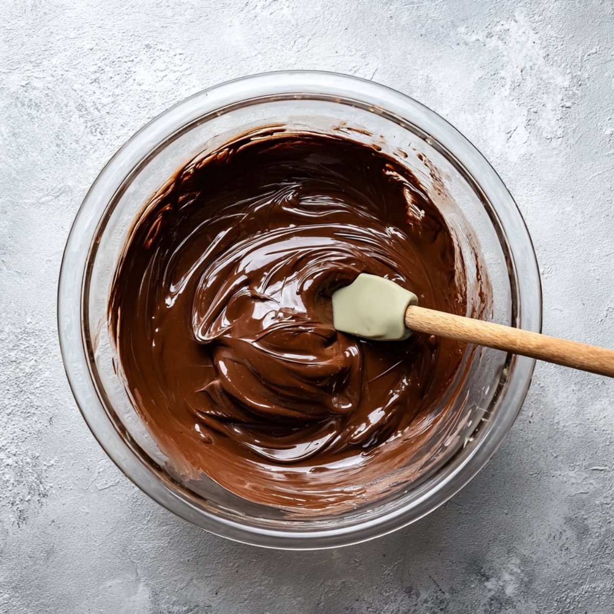 The Best Black Forest Tart Recipe 11 Smooth melted chocolate ganache being stirred in a clear glass mixing bowl with a silicone spatula on a light gray countertop.
