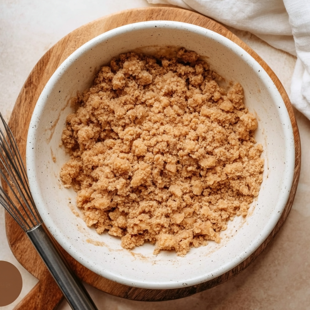 Easy Coffee Cake Cookies Recipe 10 Homemade cinnamon streusel crumble in a white ceramic bowl with a whisk, ready for coffee cake cookies.