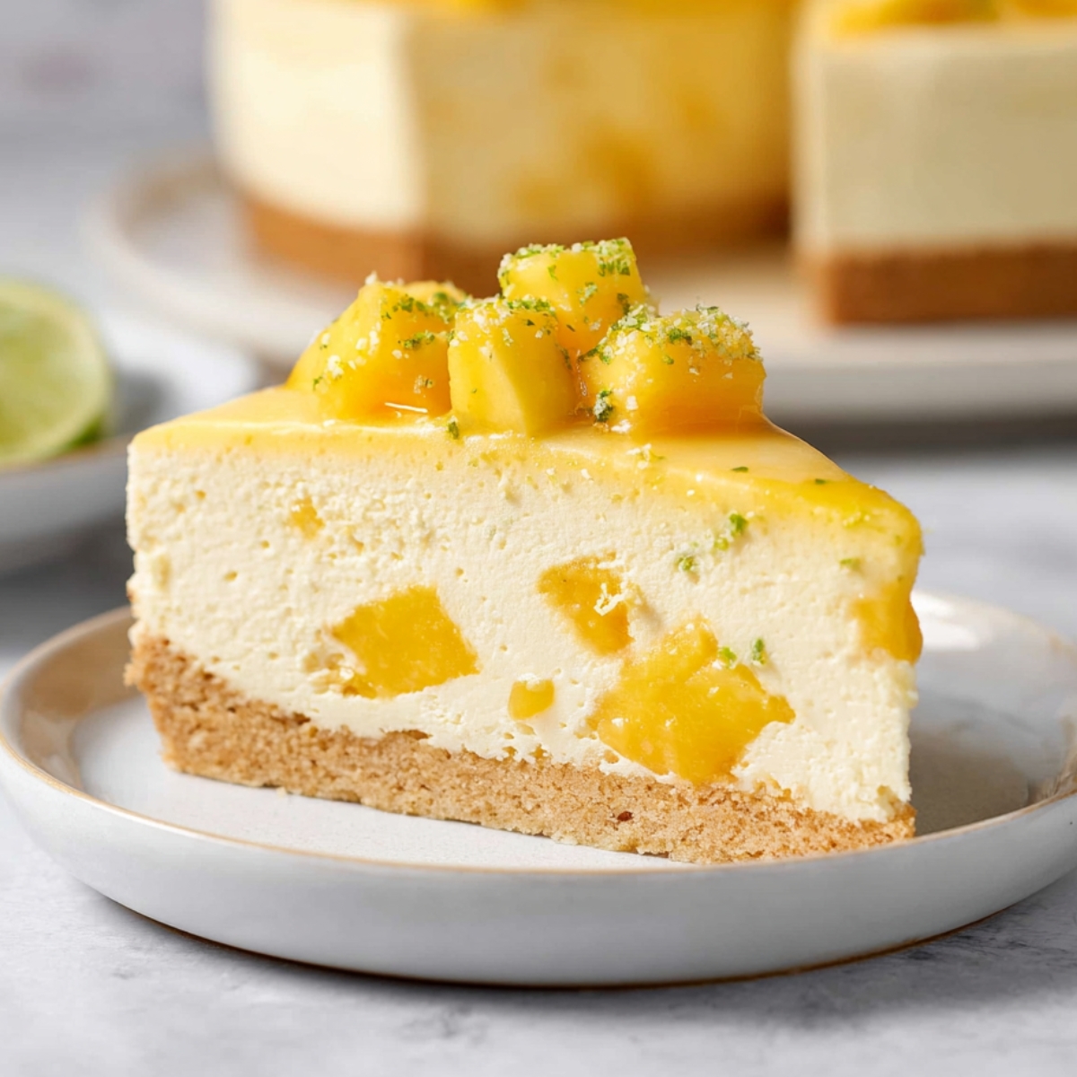 Slice of Mango Mousse Cake with coconut sablé crust, creamy mango mousse, fresh mango chunks, and lime zest garnish on a dessert plate.