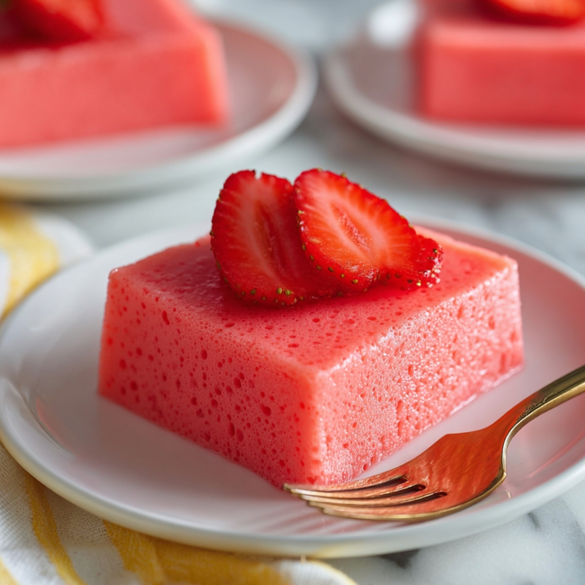 Creamy Mexican Milk Jello topped with fresh strawberry slices on a white plate, ready to enjoy.