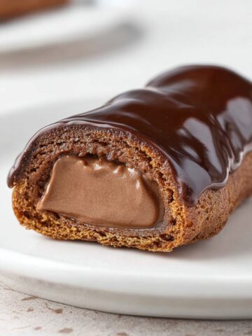 Best Mini Chocolate Éclairs Recipe 2 Mini Chocolate Éclairs cut in half, filled with silky chocolate pastry cream and coated with glossy chocolate glaze.