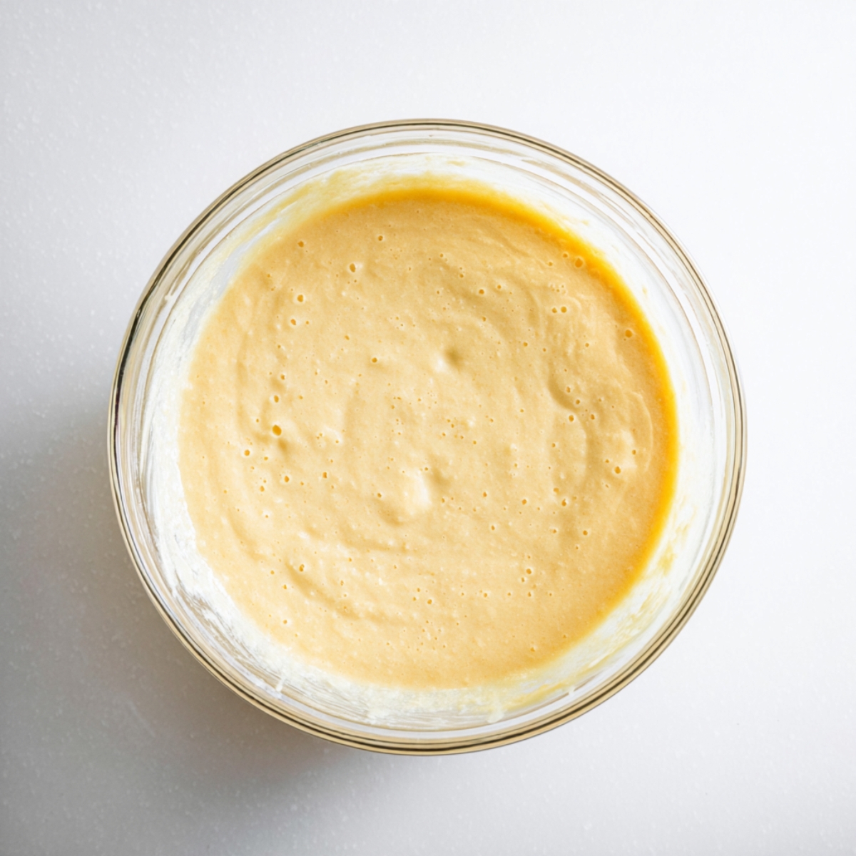 Easy Dole Whip Cupcakes Recipe 10 Smooth homemade pineapple cupcake batter mixed in a clear glass bowl before baking.